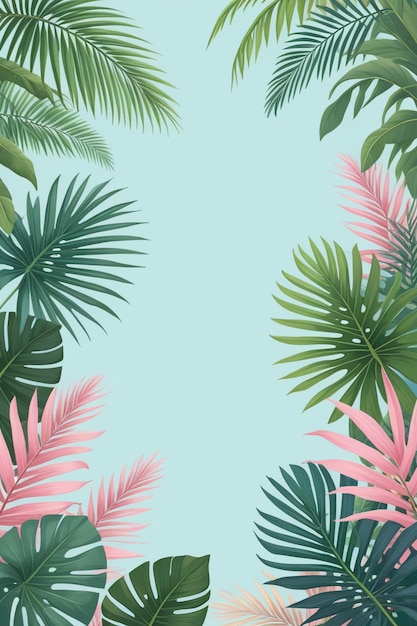 Tropical palm leaves and branches on a blue background vertical composition