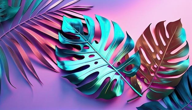 Tropical and palm leaves in bright bold holographic colors Generate Ai