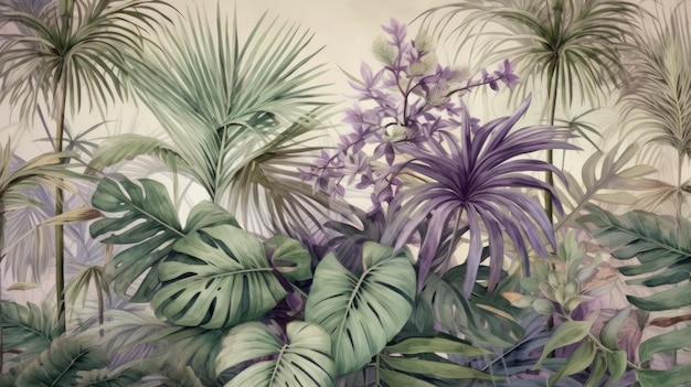 A tropical palm leaves eucalyptus branch and lavender AI generated