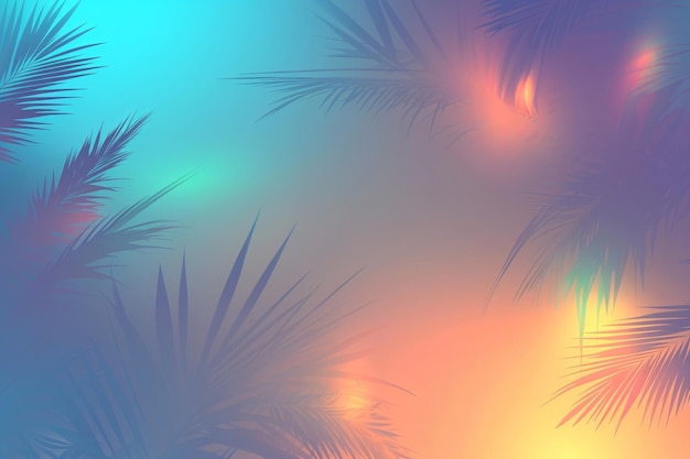 Tropical and palm leaves in gradient holographic neon colors Summer party travel holiday