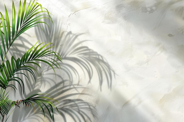 Tropical palm leaves with shadows on white concrete wall abstract blurred