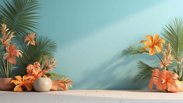 Photo tropical palm leaves and yellow flowers in vase on wooden floor against blue summer wall background