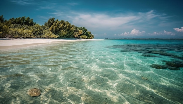 Tropical palm trees sway on turquoise waters generated by AI