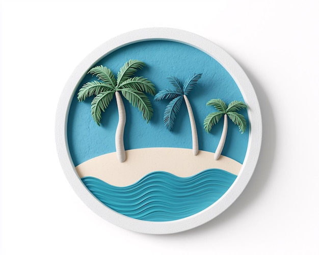 Tropical palm trees with ocean waves artistic design relief decoration