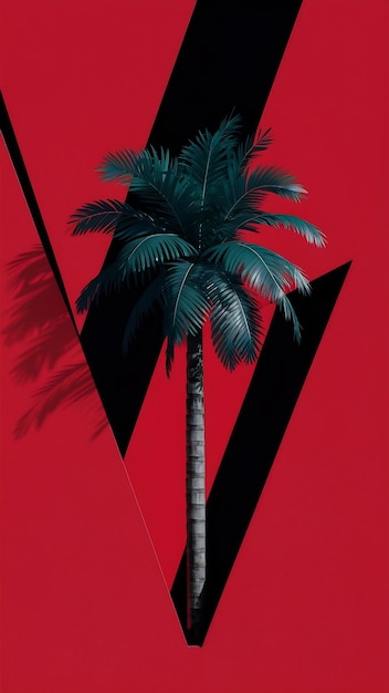 Photo tropical palm trunk and red background copy space