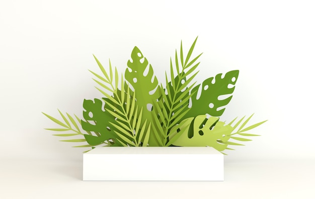 Tropical paper palm monstera leaves, podium for product presentation