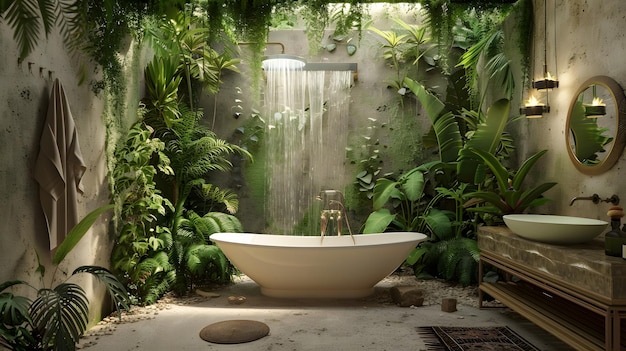 tropical paradise bathroom with a freestanding bathtub