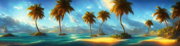 Tropical paradise beach beautiful magical palm trees hanging on the seashore Blue sky and azure sea water Sun illuminates the coast beach and the ocean 3d illustration