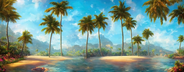 Tropical paradise beach beautiful magical palm trees hanging on the seashore Blue sky and azure sea water Sun illuminates the coast beach and the ocean 3d illustration