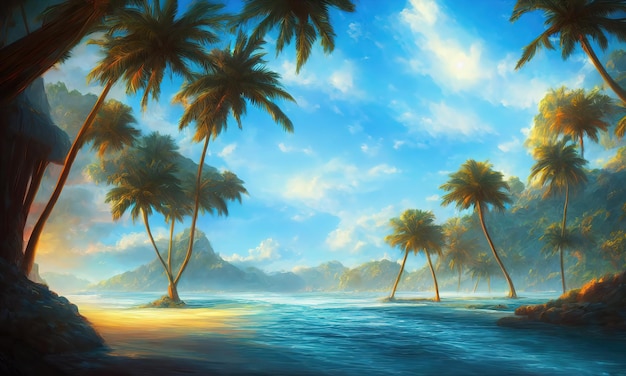 Tropical paradise beach beautiful magical palm trees hanging on the seashore Blue sky and azure sea water Sun illuminates the coast beach and the ocean 3d illustration