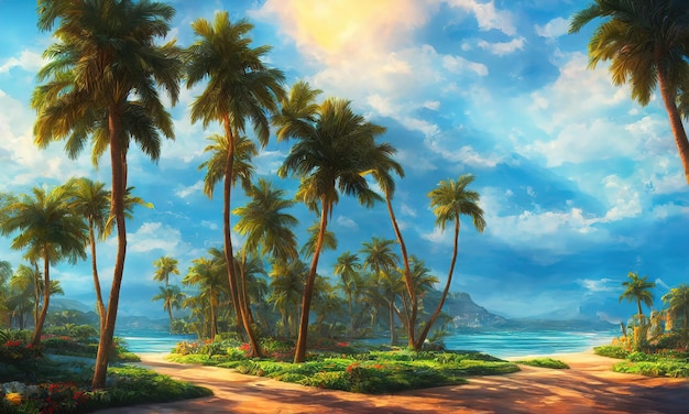 Tropical paradise beach beautiful magical palm trees hanging on the seashore Blue sky and azure sea water Sun illuminates the coast beach and the ocean 3d illustration