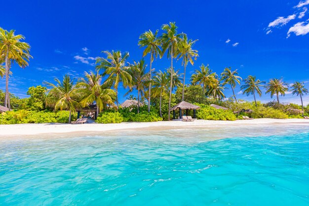 Tropical paradise beach Summer shore palms waves tranquil sea sky Luxury vacation destination