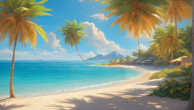 Tropical paradise beach with palm trees and crystal clear blue water vibrant colors relaxing atmos