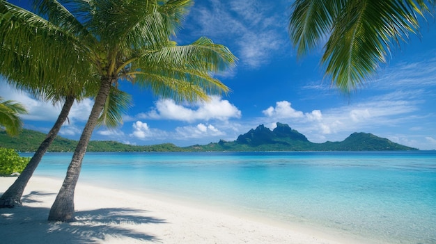 Tropical Paradise Beach with Palm Trees and Mountains