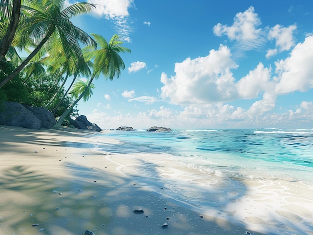 A tropical paradise beach with pristine white sands crystalclear turquoise waters and palm trees