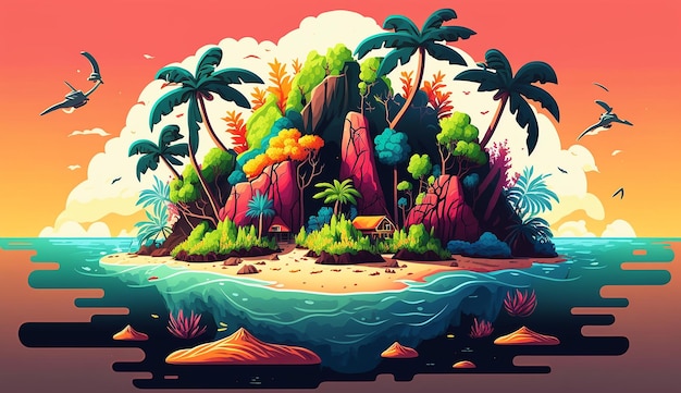 Tropical Paradise A Colorful Island Illustration Generative AI