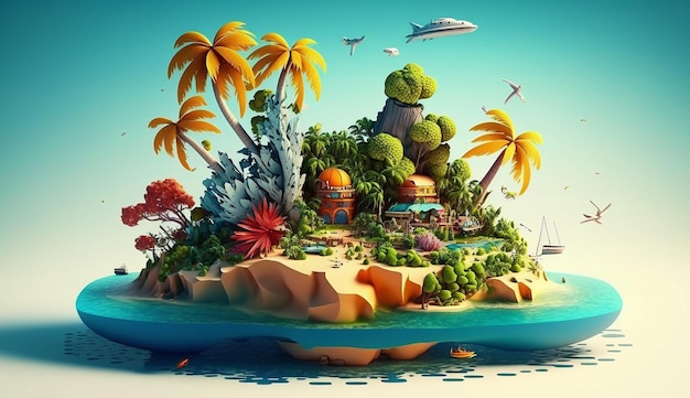 Tropical Paradise A Colorful Island Illustration for summer Generative AI