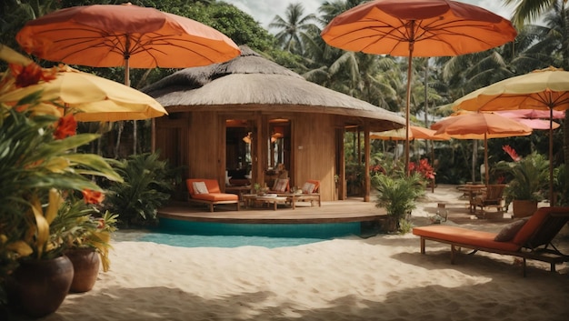 A tropical paradise complete with luxurious fiberglass huts and vibrant umbrellas