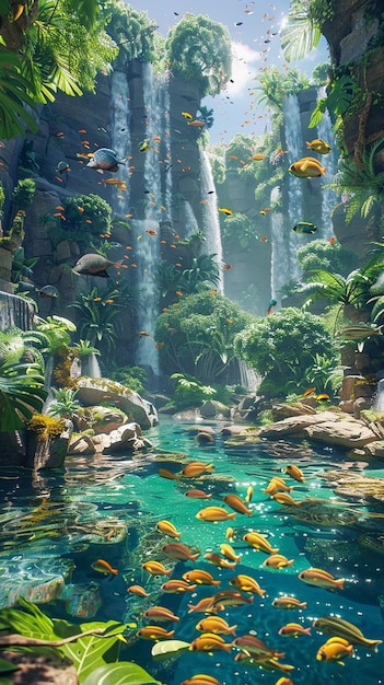 Tropical paradise lush oasis with cascading waterfalls and exotic flora