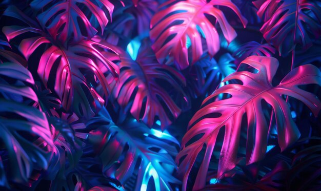 Photo tropical paradise at night with a stunning image showcasing glowing neon lights fluorescent tropic leaves