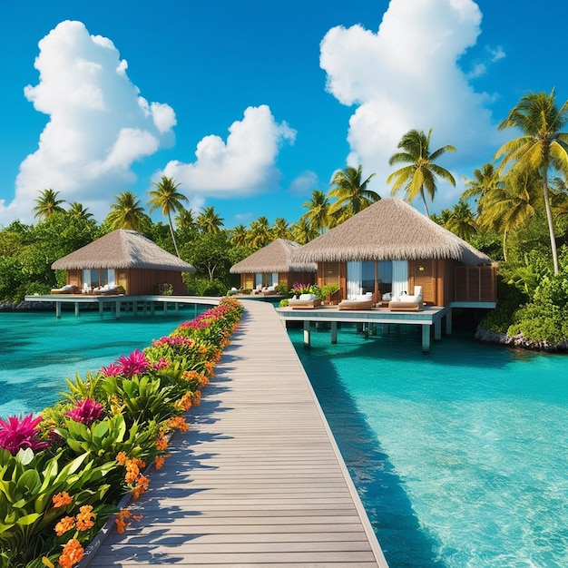 Photo tropical paradise overwater bungalows in crystal clear waters