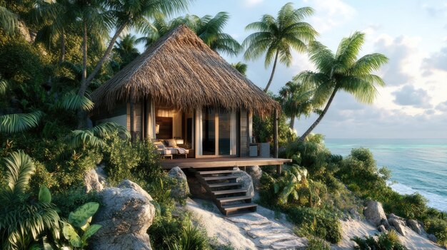 Photo tropical paradise palmfringed cottage by the sea