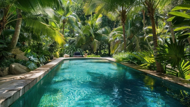 Photo tropical paradise pool surrounded by lush greenery and palm trees in a serene garden setting