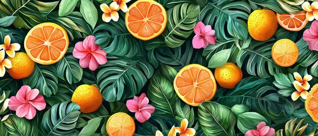 Photo tropical paradise seamless pattern with lush green leaves colorful flowers and exotic fruits ideal for textile design