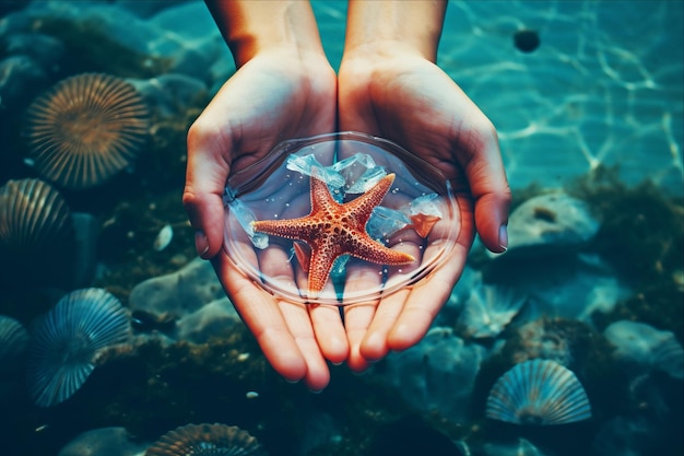 Photo tropical paradise serene splash in clean seascape with starfish and seashell