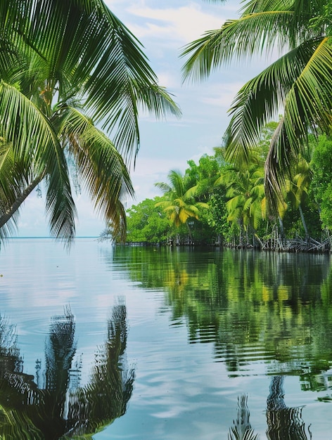 Tropical Paradise Serene Waters and Lush Palm Trees Reflection