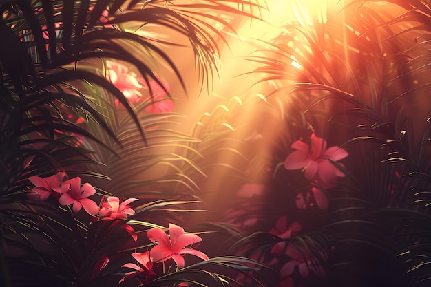 Tropical Paradise at Sunset with Lush Pink Flowers and Sun Rays Ideal for Nature Posters or Wall Art