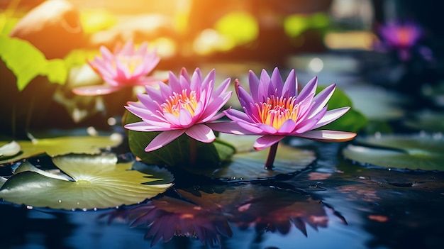 Tropical Paradise Water Lily and Palm Trees