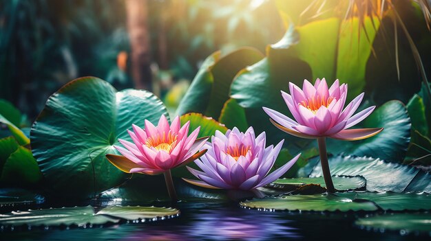 Tropical Paradise Water Lily and Palm Trees