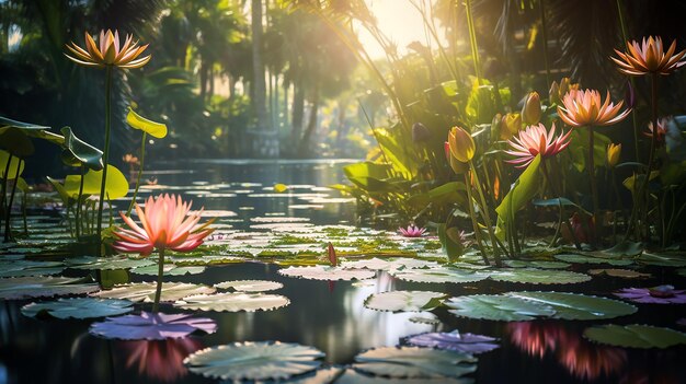 Tropical Paradise Water Lily and Palm Trees