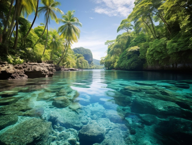 Tropical paradise with crystal clear water and lush greenery