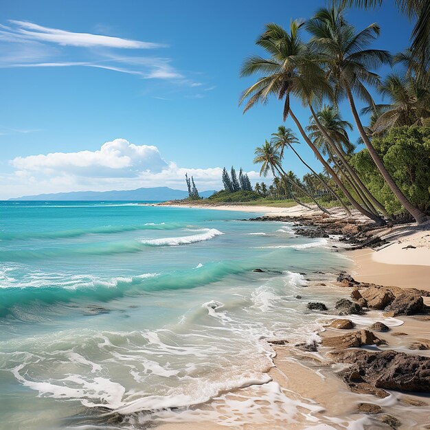 Tropical paradise with lush palm trees on a sandy island with turquoise sea