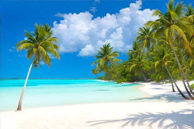 A tropical paradise with palm trees swaying in the breeze turquoise waters generated ai