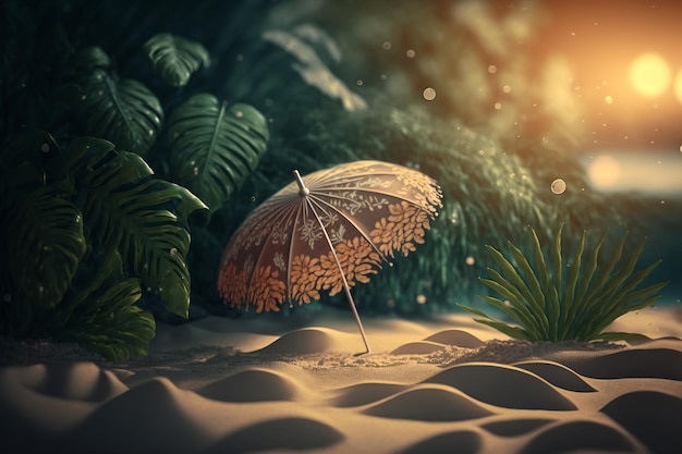 the tropical paradise with a summer background of a sandy beach, umbrella, and fern leaves