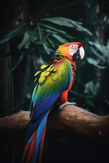 Tropical parrot perched on branch with plants background created using generative ai technology