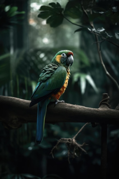 Tropical parrot perched on branch with plants background created using generative ai technology