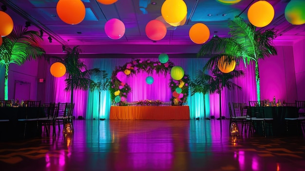 Tropical Party Venue with Colorful Balloons