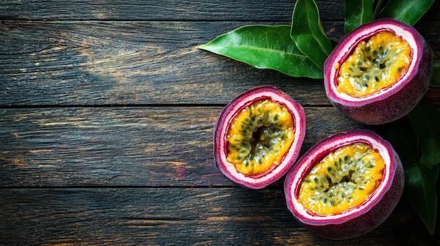 Photo tropical passion fruit halves on rustic wooden background