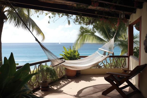 Tropical patio with hammock potted plants and view of the ocean