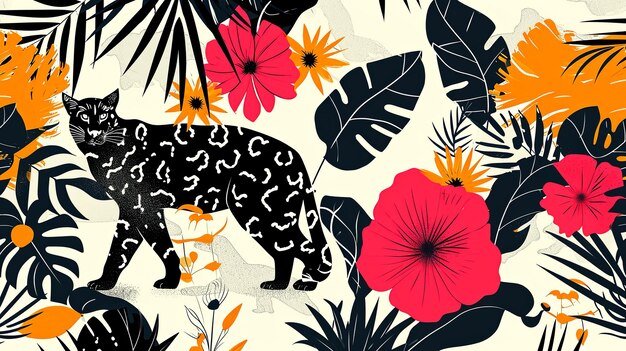 Tropical pattern with exotic flowers and cat Summer abstract illustration