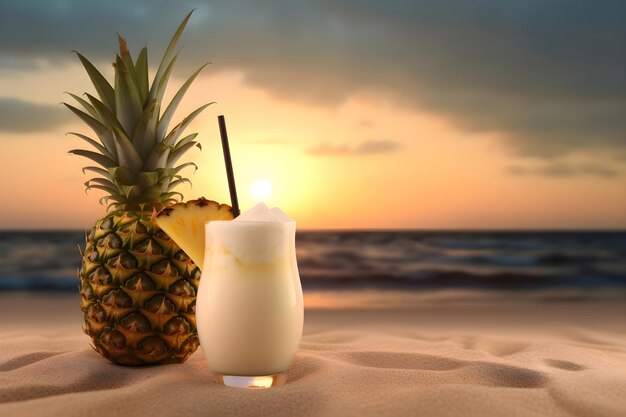 Tropical pina colada cocktail with pineapple sunset on the sea Generative AI 6