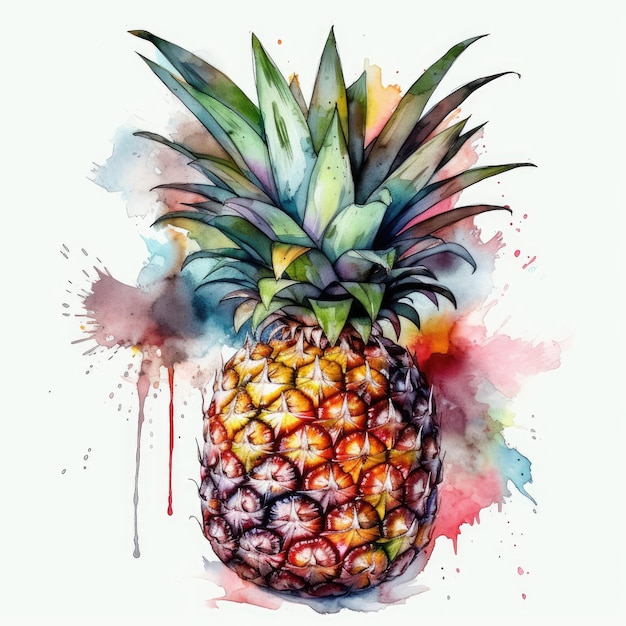 Tropical Pineapple Watercolor on White Background