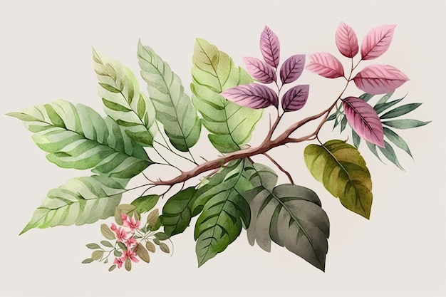 Tropical plant branch with pink and green leaves watercolor