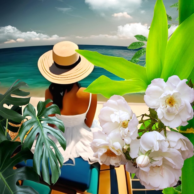 tropical plant and  flowers woman silhouette in straw hat  on beach in green sea  blue cloudy sky