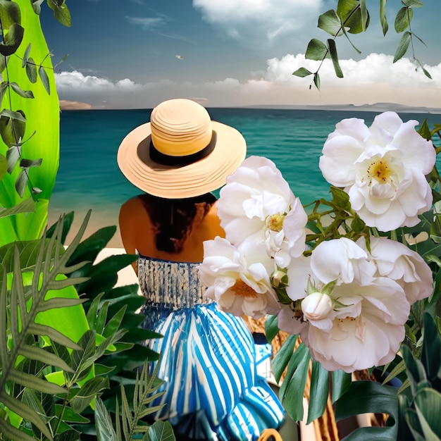 tropical plant and  flowers woman silhouette in straw hat  on beach in green sea  blue cloudy sky