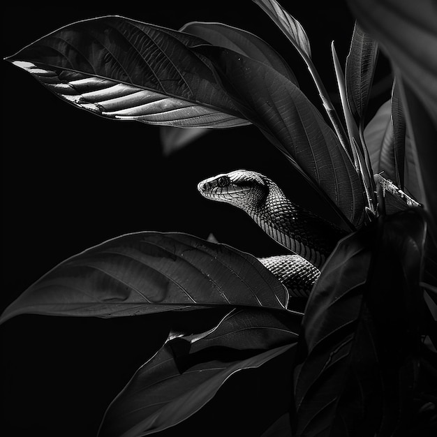 tropical plants of asia jungle leaves with cobra snake black and white photography with black backgr